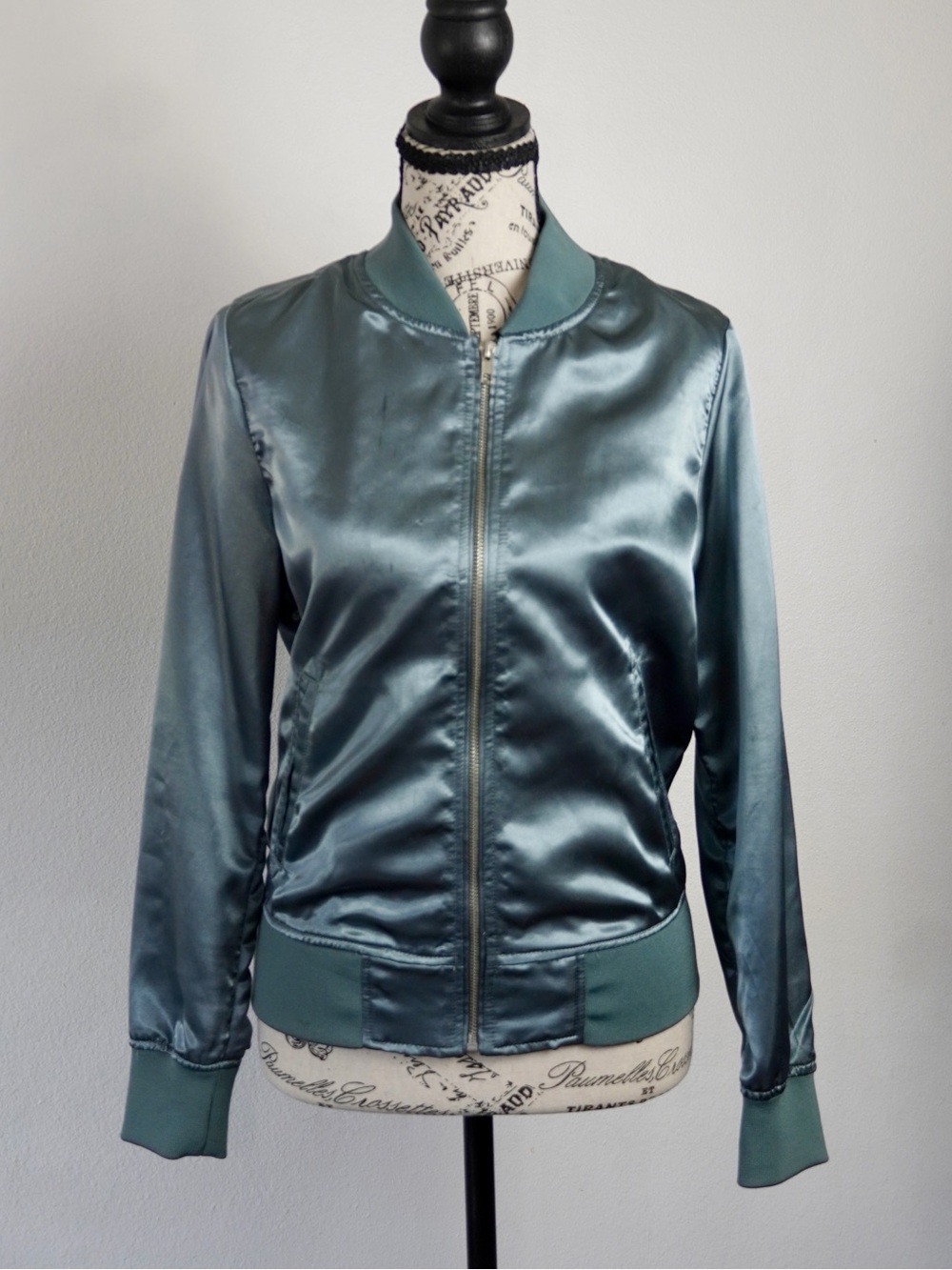 Garage Teal Satin Bomber Jacket Small